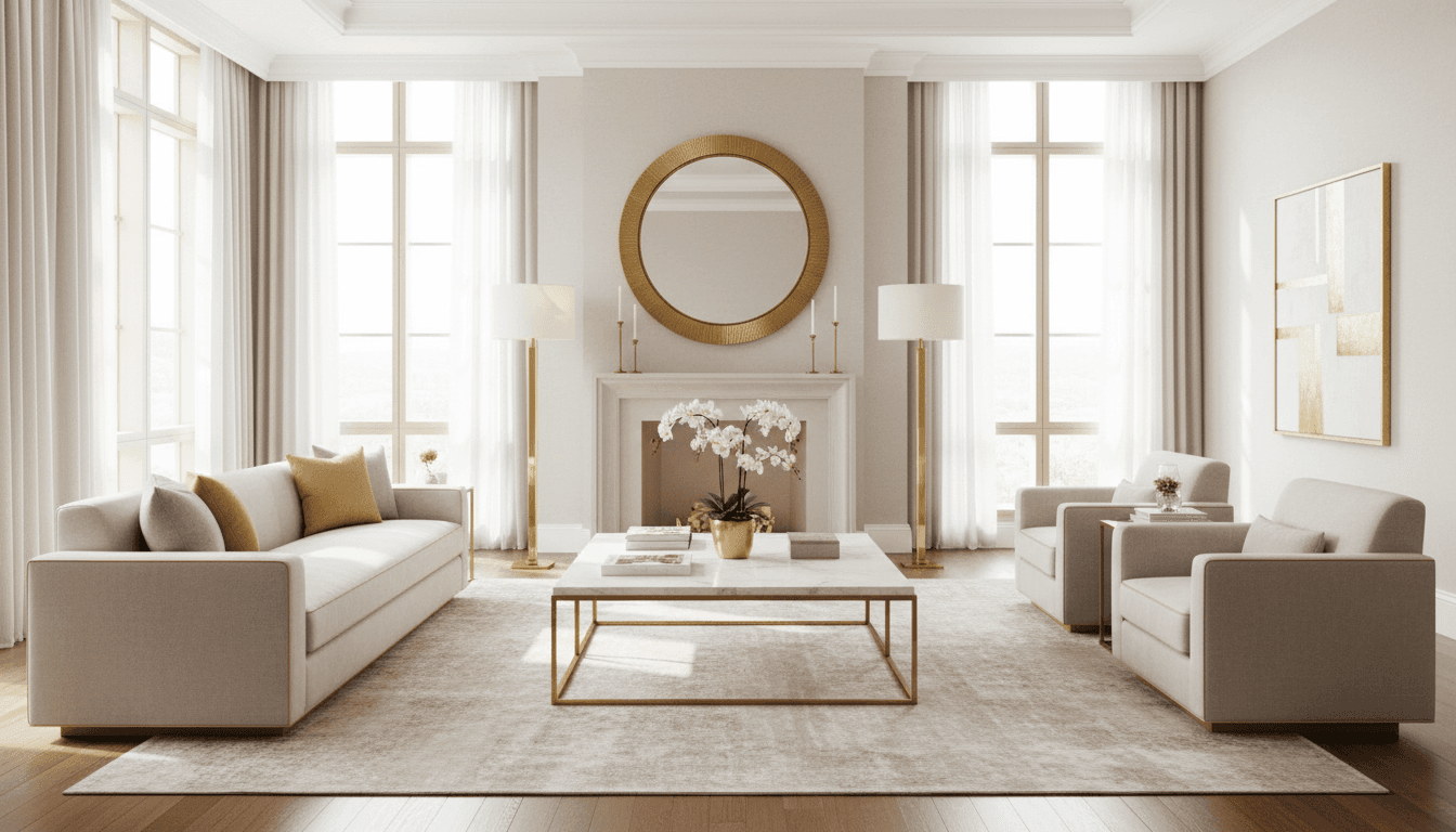 Luxury modern living room with neutral and gold tones, bright natural light, minimal furniture arrangement, lifestyle photography