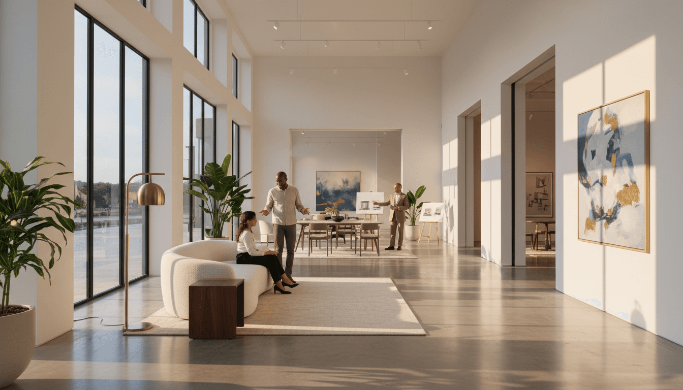 Modern interior design studio with elegant furniture and professional workspace