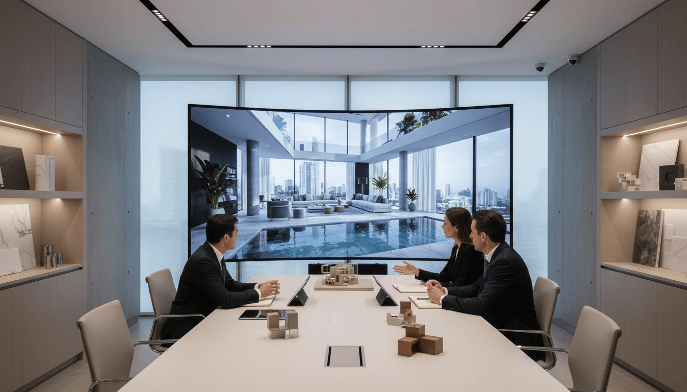 Interior designer presenting 3D space visualization to client in modern design studio