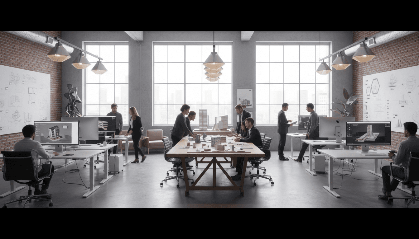 Interior designer reviewing 3D renderings and material samples at workspace