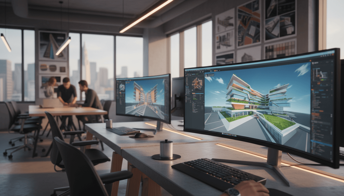 Interior design professional working on 3D rendering at studio desk