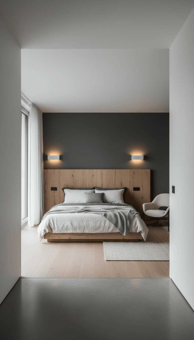 Contemporary bedroom design with calm aesthetic and premium finishes