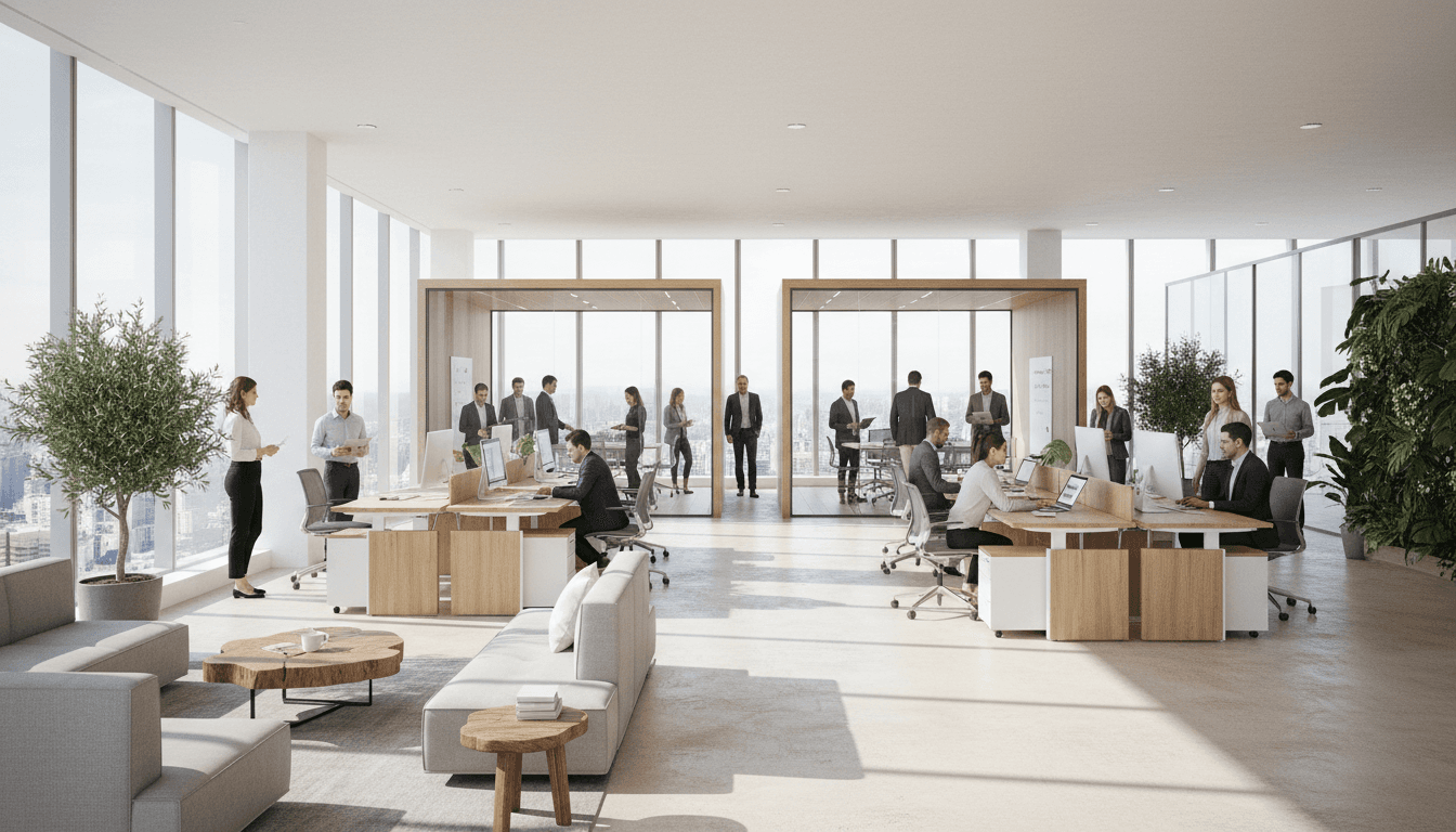 Modern office interior with ergonomic layout and natural lighting