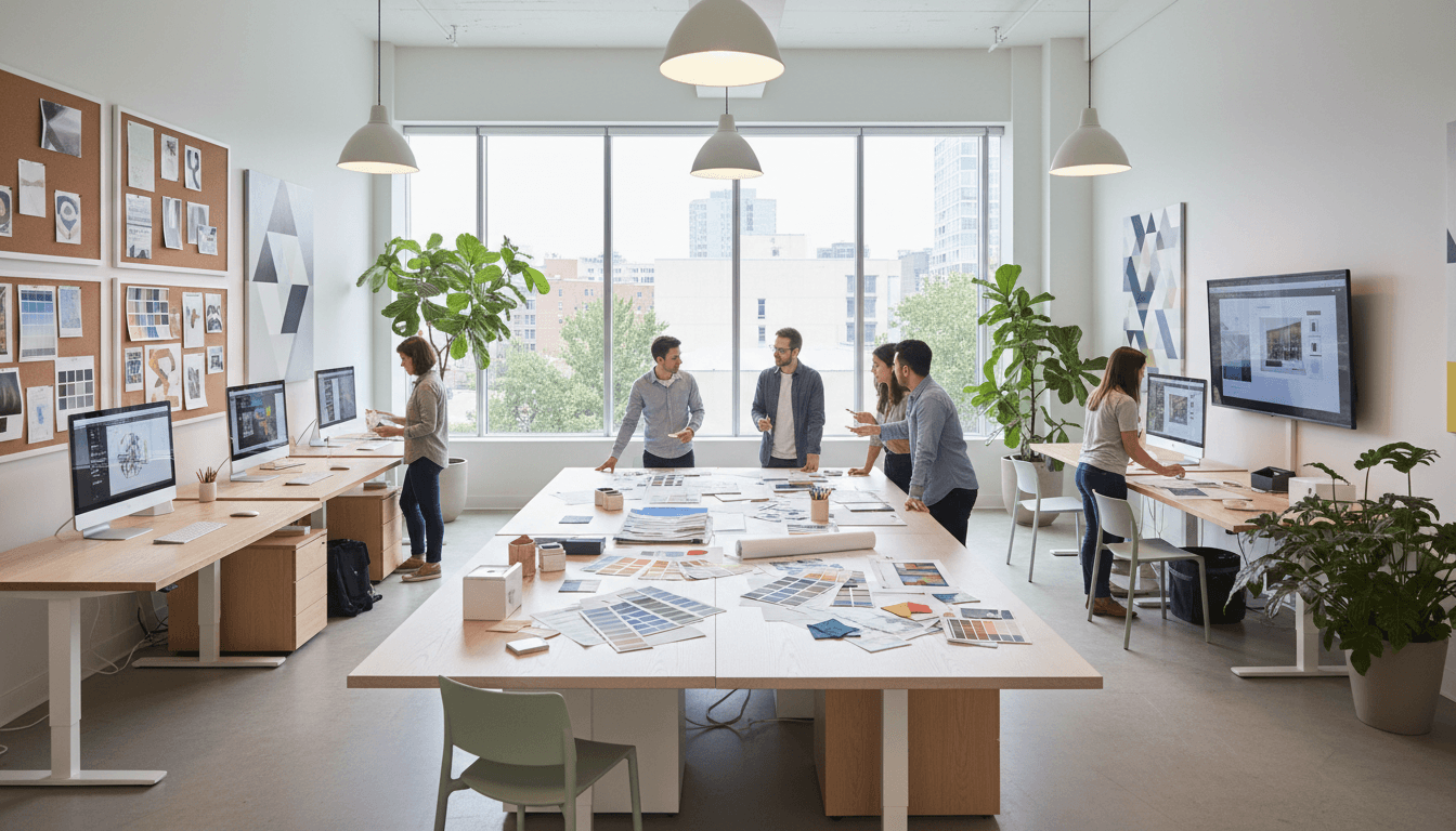 Interior design team collaborating on project design and visualization in modern studio space