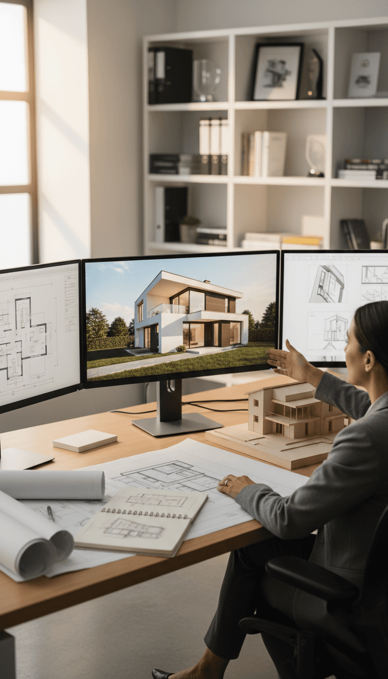 Designer creating 3D visualization on computer