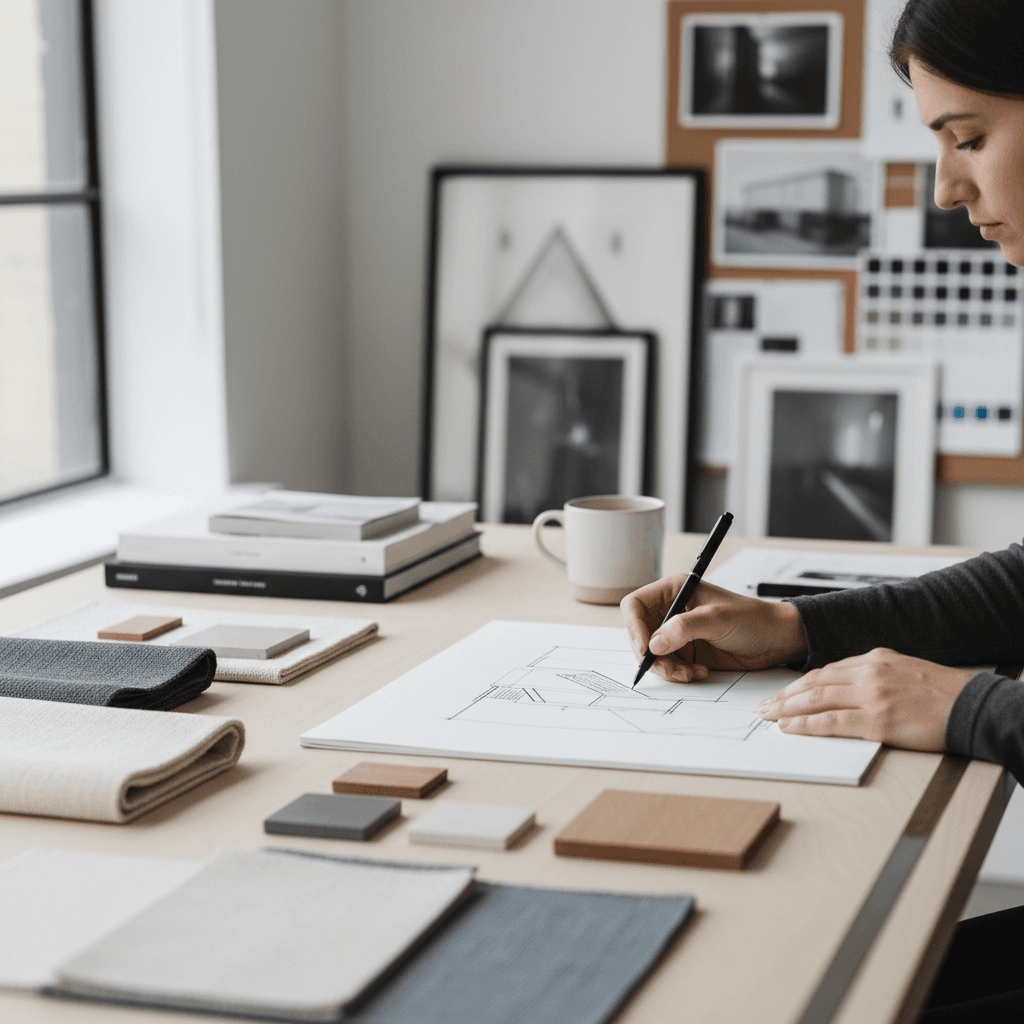 Designer sketching layouts and floor plans with material samples